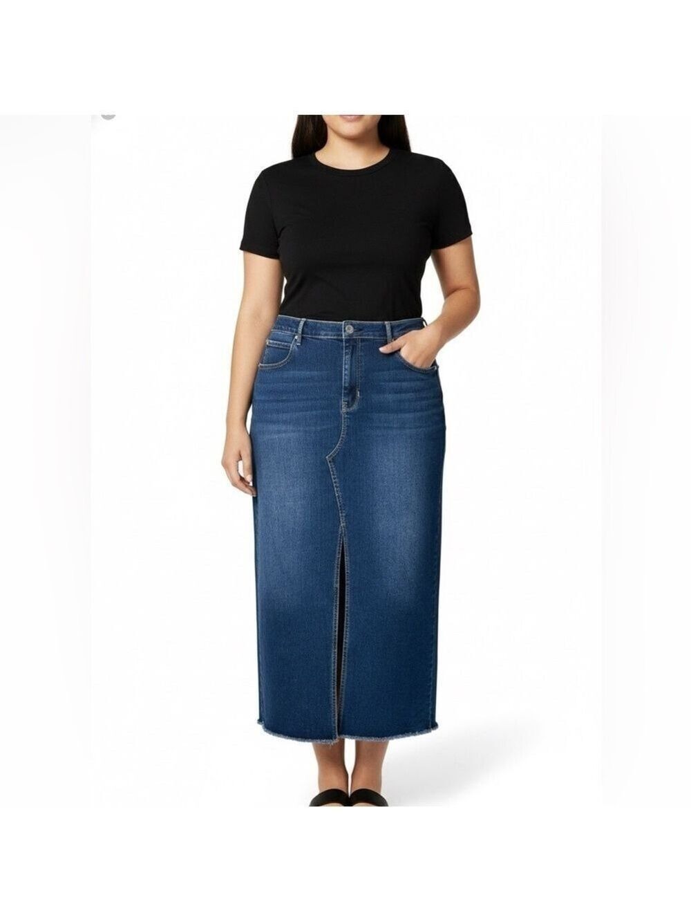 Denim Pencil Maxi Skirt with Front Slit - Blue